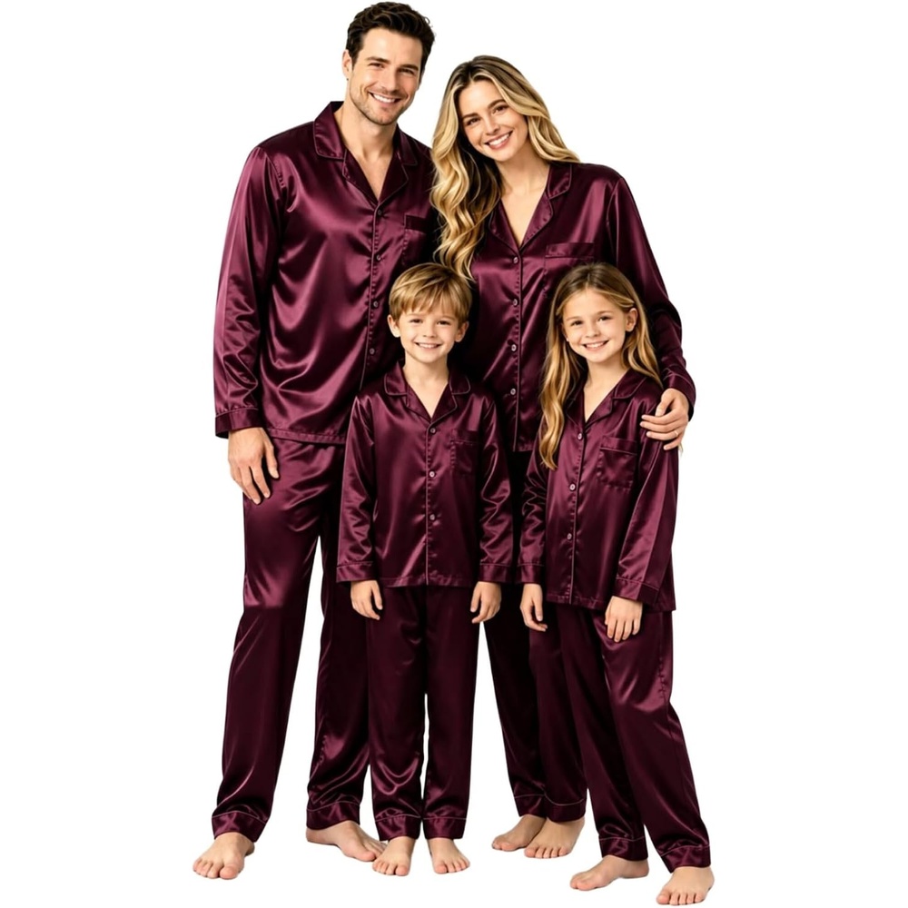 image:imageSWOMOG Family Matching Pajamas Silk Satin Long Sleeve Sleepwear Soft Button Down Loungewear 2 Pcs Pj SetDeep Wine Red