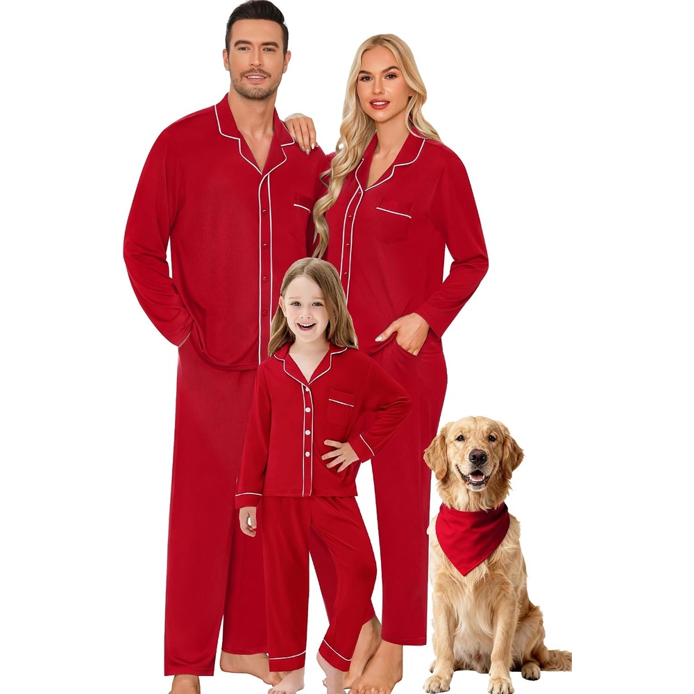 image:imageSWOMOG Matching Button Down Family Pajama Set Long Sleeve Men Christmas Pajama Wine Red