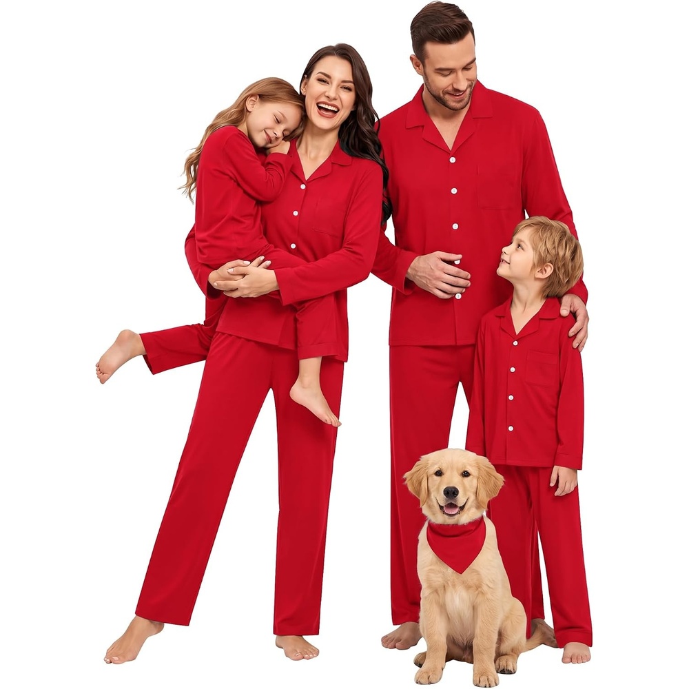image:imageSWOMOG Matching Family Christmas Pajamas Set Long Sleeve Festival Party Pj Set ButtonDown Sleepwear Soft NightwearRed