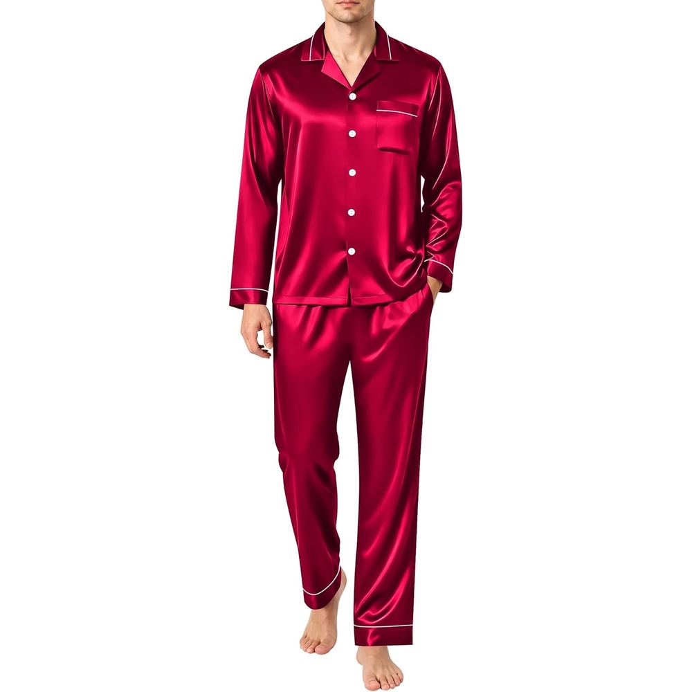 image:imageSWOMOG Mens Pajamas Set Silk Satin LongSleeve Pjs 2Piece Soft SleepwearBurgundy