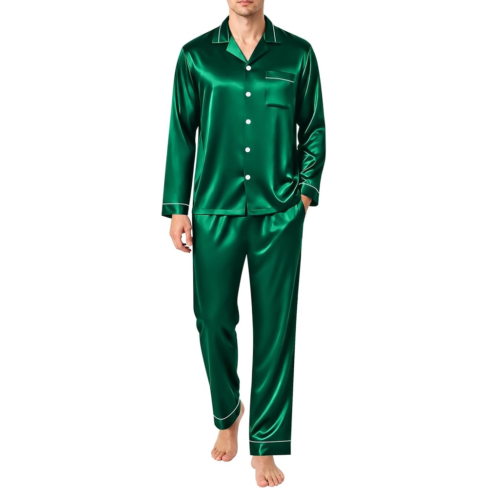 image:imageSWOMOG Mens Pajamas Set Silk Satin LongSleeve Pjs 2Piece Soft SleepwearEmerald Green