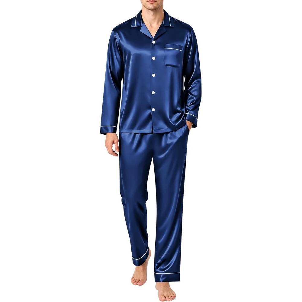 image:imageSWOMOG Mens Pajamas Set Silk Satin LongSleeve Pjs 2Piece Soft SleepwearNavy Blue