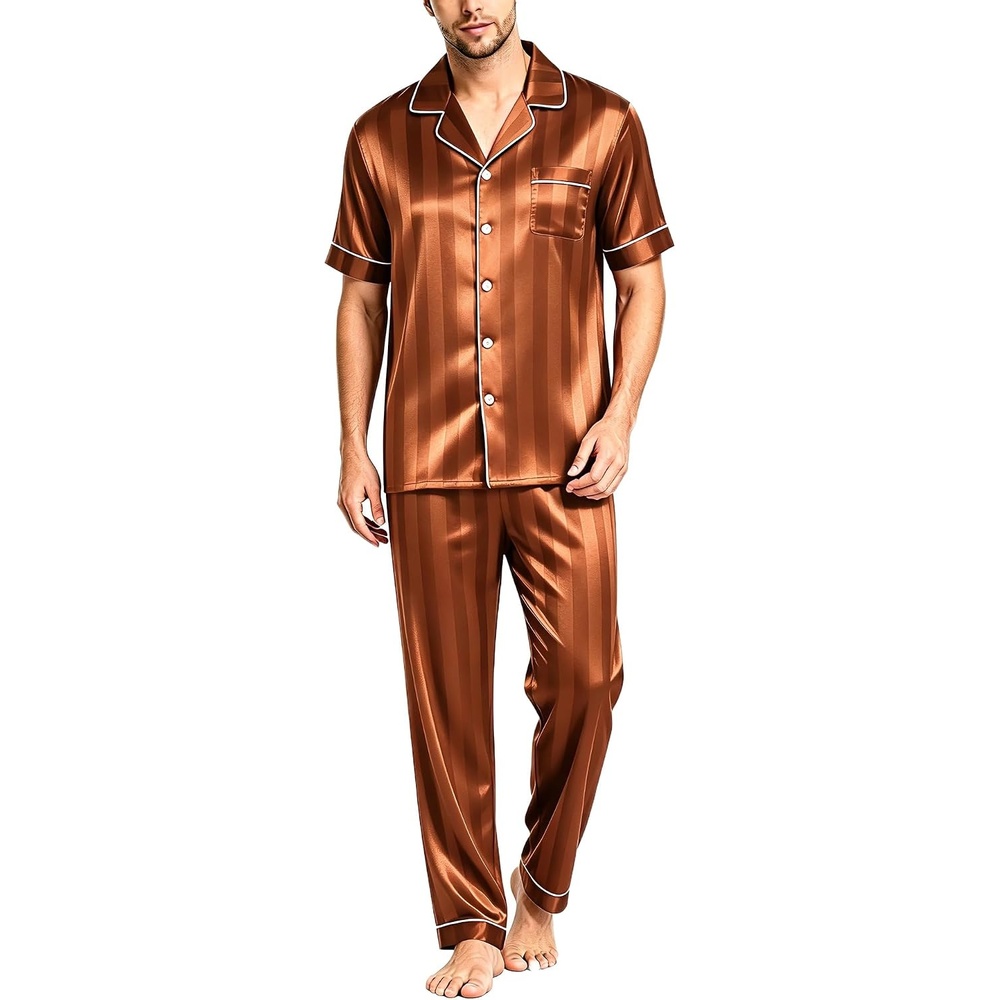 image:imageSWOMOG Mens Satin Pajama Set Short Sleeve Classic Sleepwear Button Down Silky Loungewear with Long PantsBrown Stripes