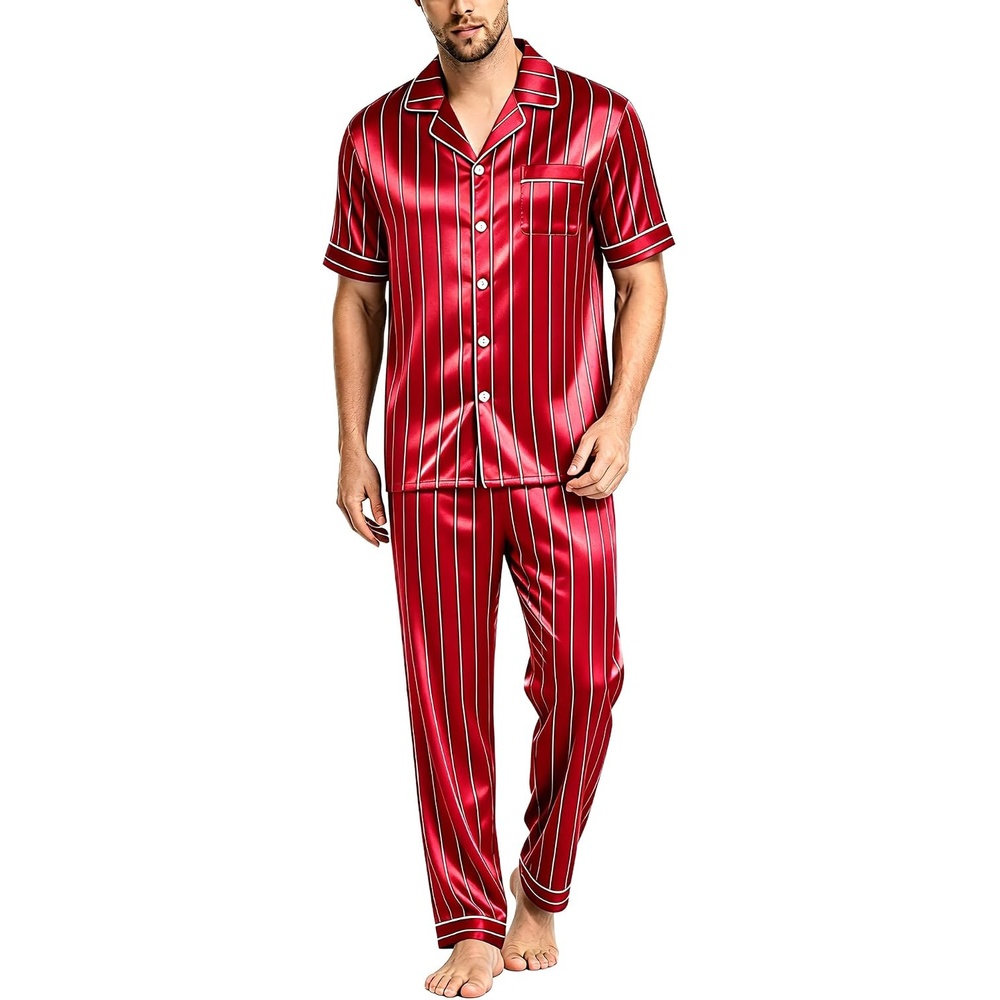 image:imageSWOMOG Mens Satin Pajama Set Short Sleeve Classic Sleepwear Button Down Silky Loungewear with Long PantsStriped in Red