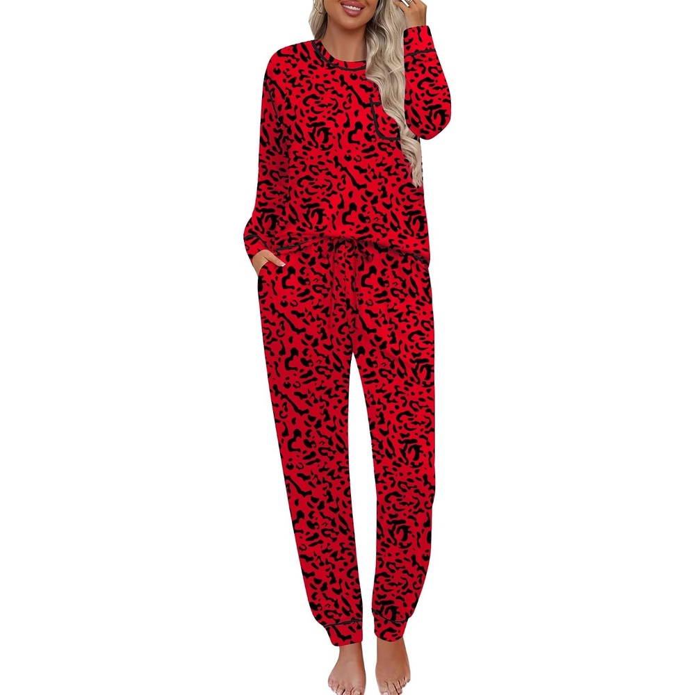 image:imageSWOMOG Pajamas Womens Long Sleeve Sleepwear with Long Pants Soft Loungewear Pj Set SXXLRed Leopard