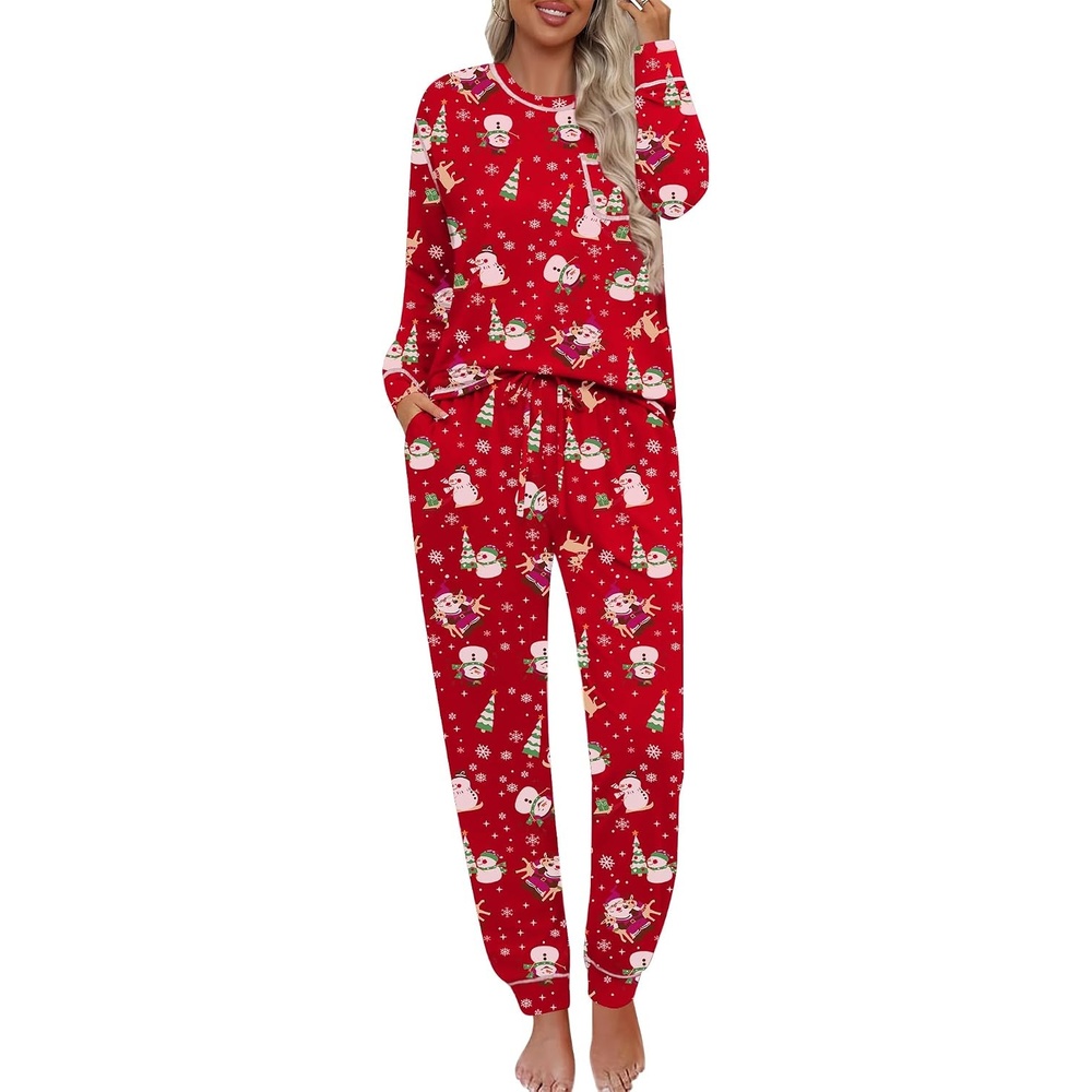 image:imageSWOMOG Pajamas Womens Long Sleeve Sleepwear with Long Pants Soft Loungewear Pj Set SXXLSanta Claus and Snowman