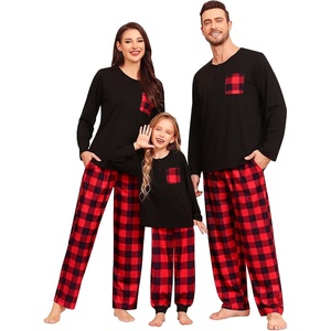 SWOMOG Family Christmas Matching Pajamas Set Women/Men/Kids Modal Pajama 2 PCS Long Sleeve Sleepwear Sets with Pockets Kids Red Black Plaid 160 CM