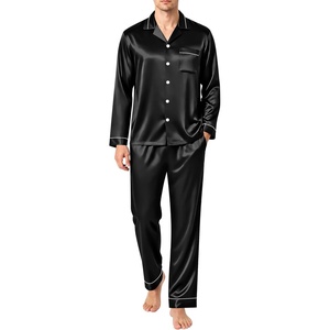SWOMOG Men’s Pajamas Set Silk Satin Long-Sleeve Pjs 2-Piece Soft Sleepwear(Black)