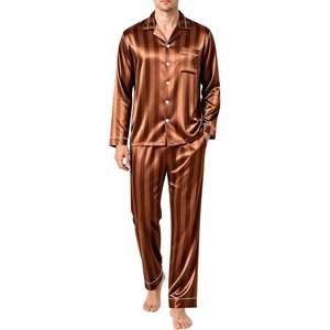 SWOMOG Men’s Pajamas Set Silk Satin Long-Sleeve Pjs 2-Piece Soft Sleepwear(Brown Stripes)
