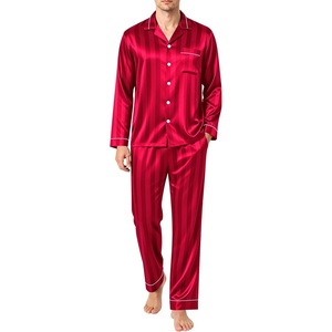 SWOMOG Men’s Pajamas Set Silk Satin Long-Sleeve Pjs 2-Piece Soft Sleepwear(Red Stripes)