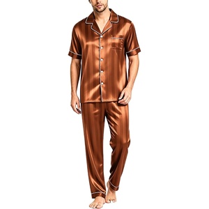 SWOMOG Mens Satin Pajama Set Short Sleeve Classic Sleepwear Button Down Silky Loungewear with Long Pants(Brown Stripes)
