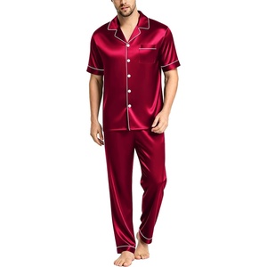 SWOMOG Mens Satin Pajama Set Short Sleeve Classic Sleepwear Button Down Silky Loungewear with Long Pants(Burgundy)