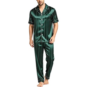 SWOMOG Mens Satin Pajama Set Short Sleeve Classic Sleepwear Button Down Silky Loungewear with Long Pants(Striped in Deep Green)