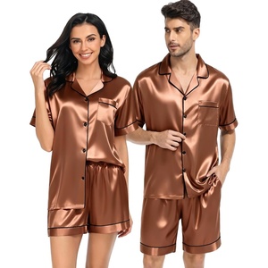 SWOMOG Satin Matching Pajamas Sets Couple Silk Button Down Nightwear Women & Men Short Sleeve Sleepwear 2 Pieces Loungewear(Khaki)
