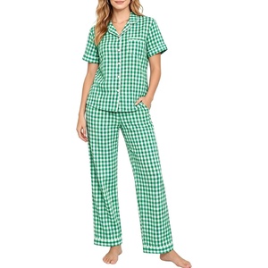 SWOMOG Women 100% Cotton Pajamas Set 2PCS Button-Down Sleepwear Tops and Pants with Pocket Summer Loungewear M