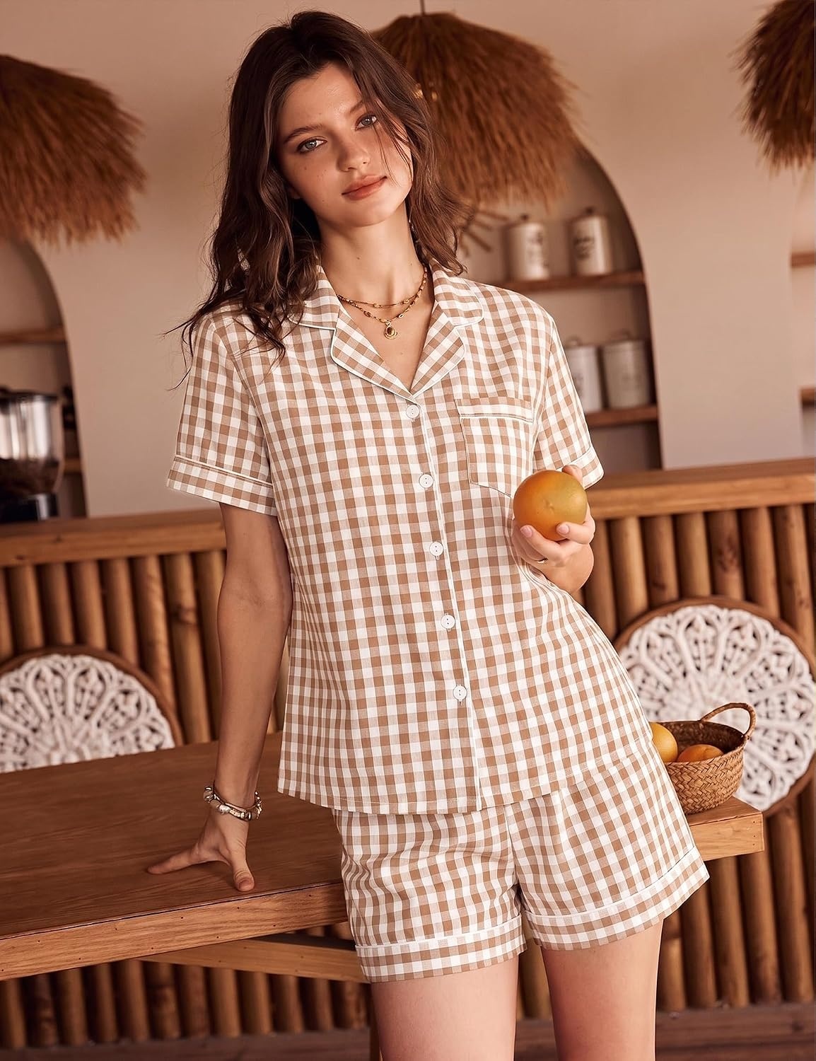 image:imageSWOMOG 100 Cotton Pajama Set For Women 2PCS Plaid Pjs Set Short Sleeve Shirts with Pockets Button Down Cute Loungewear