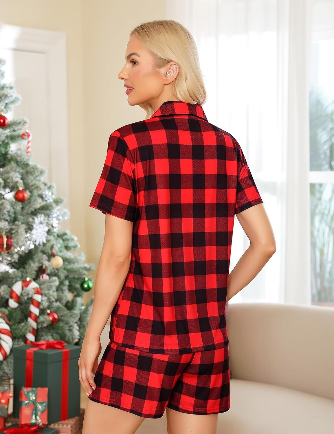 image:imageSWOMOG Womens Button Down Pajamas Set Short Sleeve Sleepwear Bride Soft Pj Lounge Sets XS3XLRed Black Plaid1