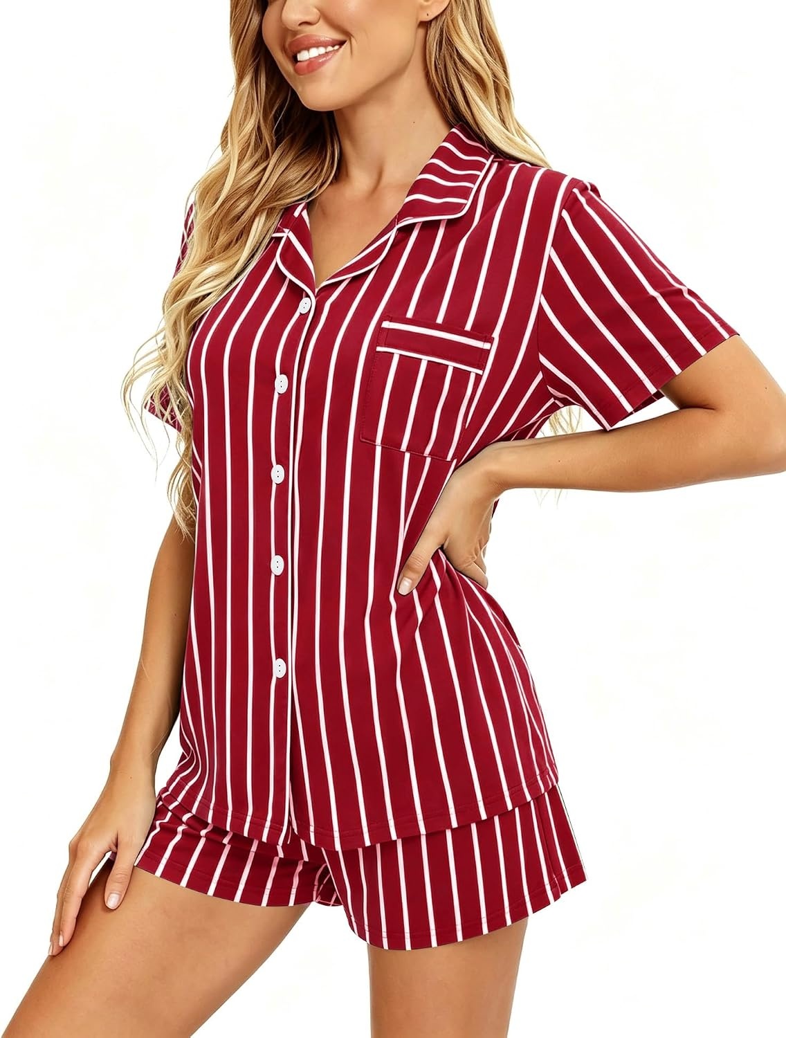 image:imageSWOMOG Womens Button Down Pajamas Set Short Sleeve Sleepwear Bride Soft Pj Lounge Sets XS3XLRed Stripe