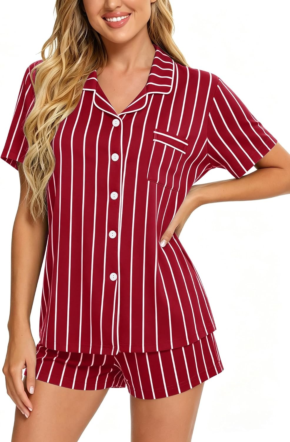 image:imageSWOMOG Womens Button Down Pajamas Set Short Sleeve Sleepwear Bride Soft Pj Lounge Sets XS3XLRed Stripe