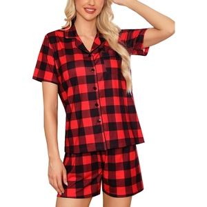 SWOMOG Womens Button Down Pajamas Set Short Sleeve Sleepwear Bride Soft Pj Lounge Sets XS-3XL(Red Black Plaid1)