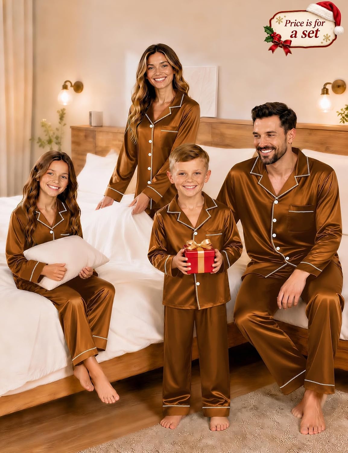image:imageSWOMOG Christmas Matching Family Pajamas Set Silk Satin Button Down Long Sleeve WomenMenKids 2PCS Holiday SleepwearDeep Brick Red
