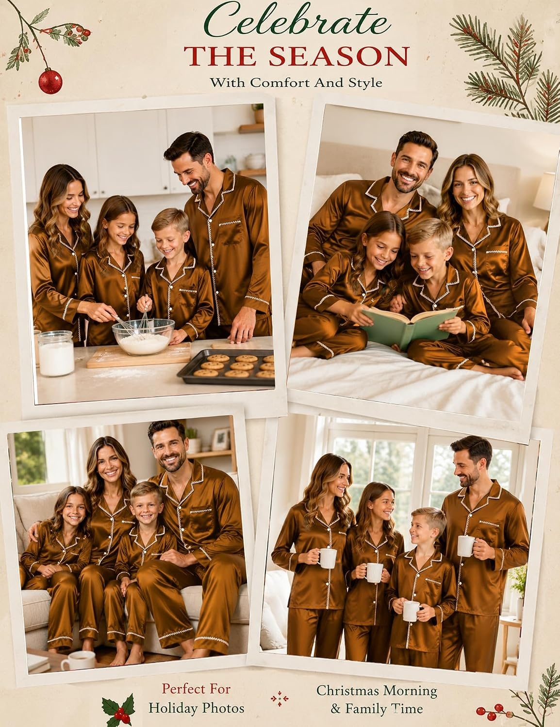image:imageSWOMOG Christmas Matching Family Pajamas Set Silk Satin Button Down Long Sleeve WomenMenKids 2PCS Holiday SleepwearDeep Brick Red