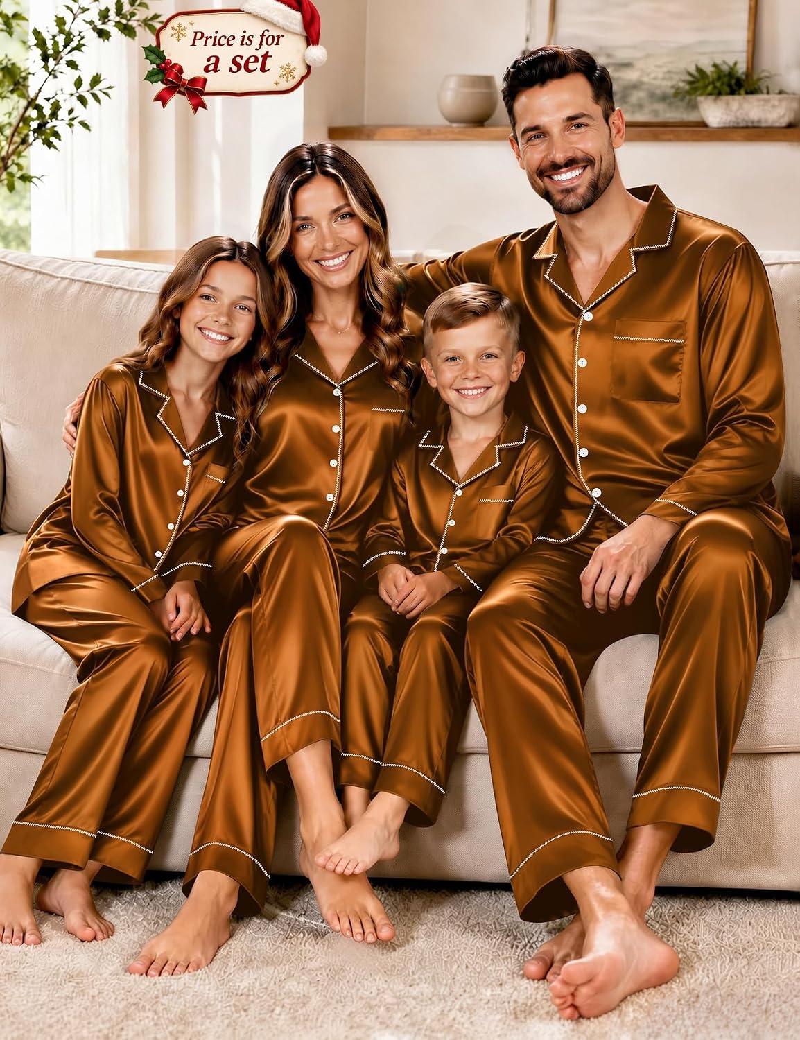 image:imageSWOMOG Christmas Matching Family Pajamas Set Silk Satin Button Down Long Sleeve WomenMenKids 2PCS Holiday SleepwearDeep Brick Red