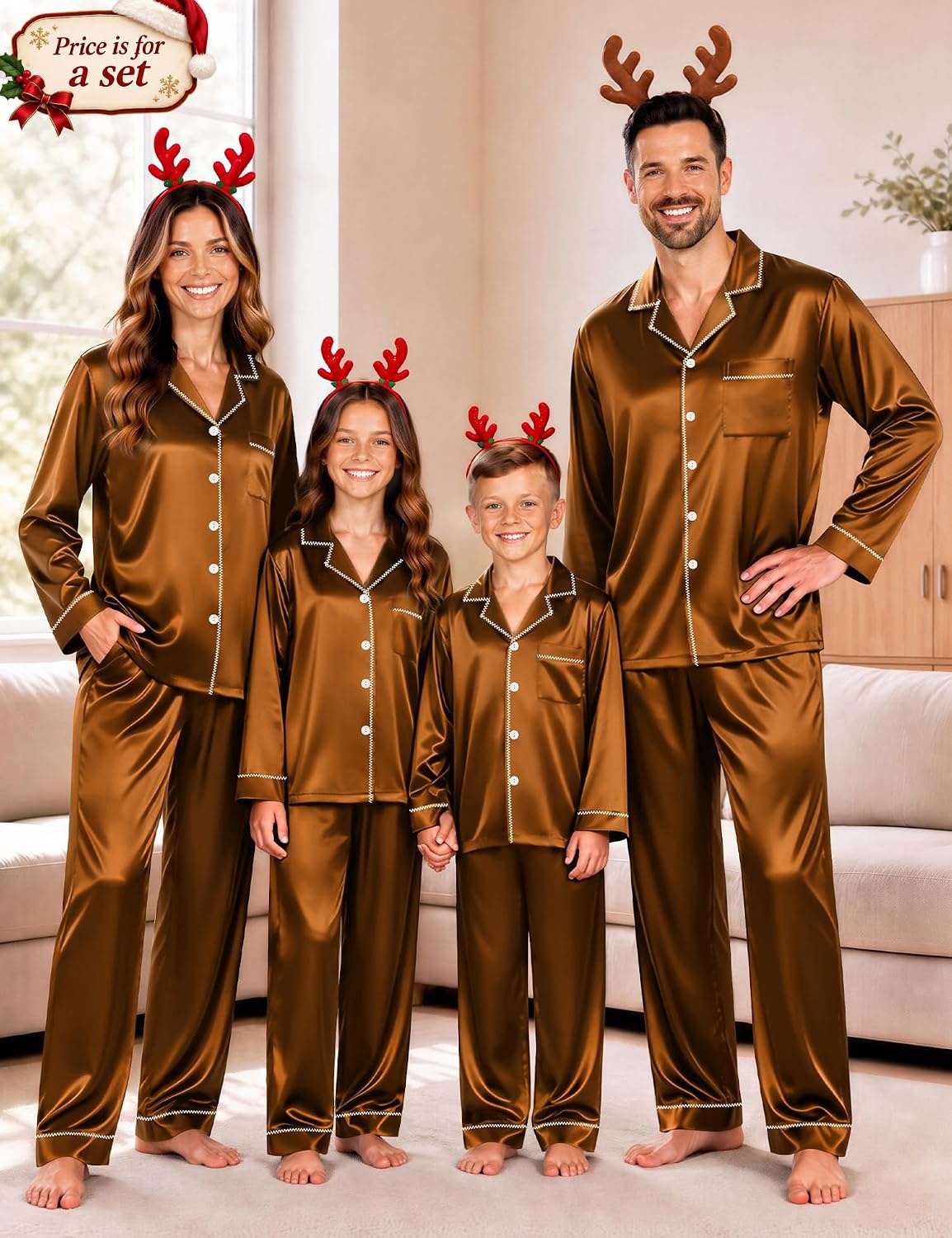 image:imageSWOMOG Christmas Matching Family Pajamas Set Silk Satin Button Down Long Sleeve WomenMenKids 2PCS Holiday SleepwearDeep Brick Red