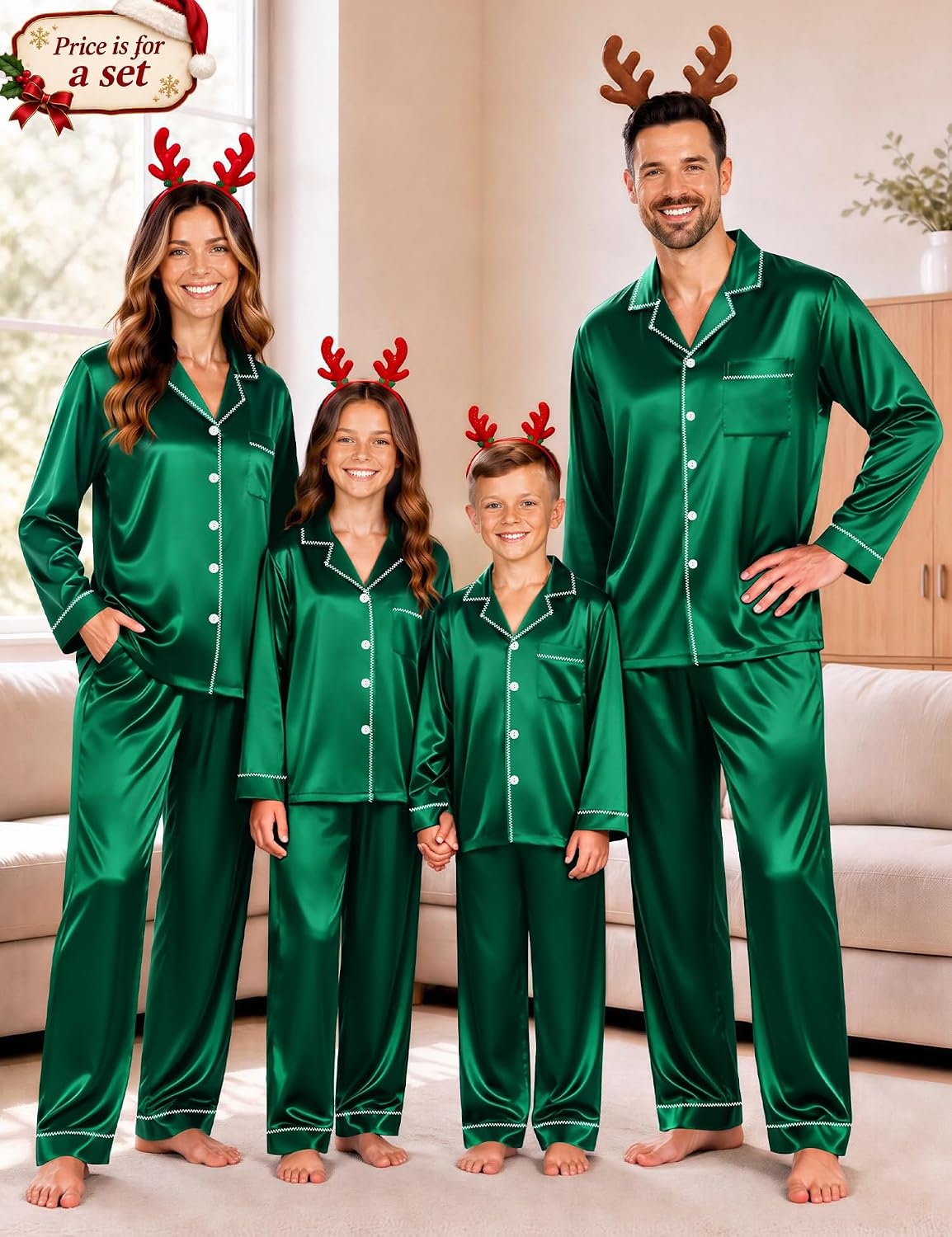 image:imageSWOMOG Christmas Matching Family Pajamas Set Silk Satin Button Down Long Sleeve WomenMenKids 2PCS Holiday SleepwearGreen Emerald