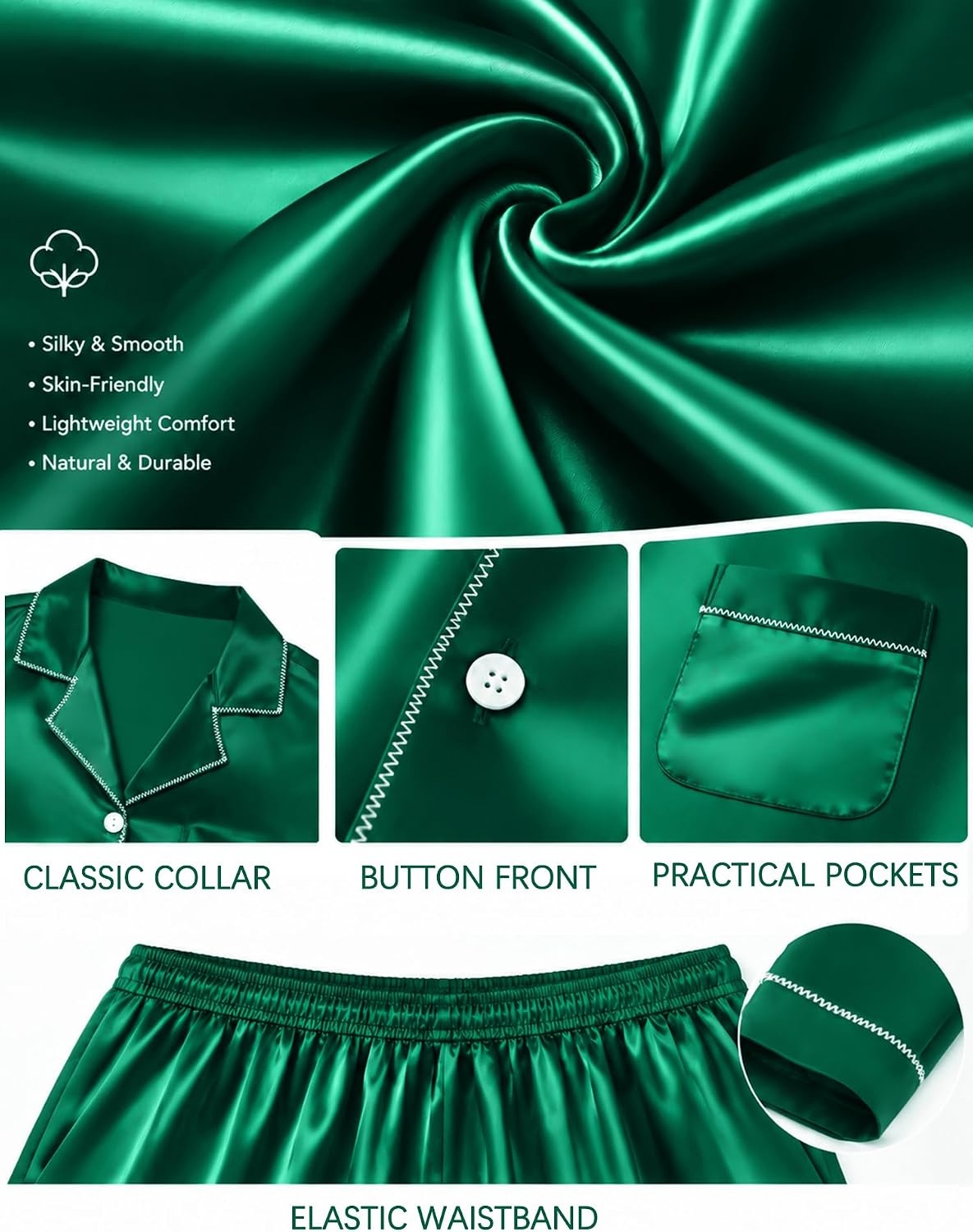 image:imageSWOMOG Christmas Matching Family Pajamas Set Silk Satin Button Down Long Sleeve WomenMenKids 2PCS Holiday SleepwearGreen Emerald