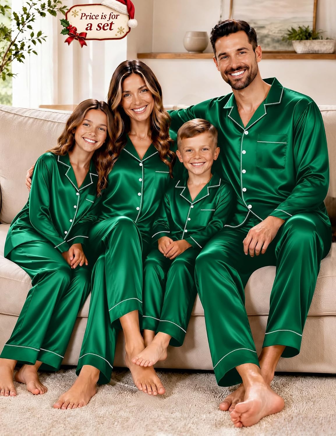image:imageSWOMOG Christmas Matching Family Pajamas Set Silk Satin Button Down Long Sleeve WomenMenKids 2PCS Holiday SleepwearGreen Emerald