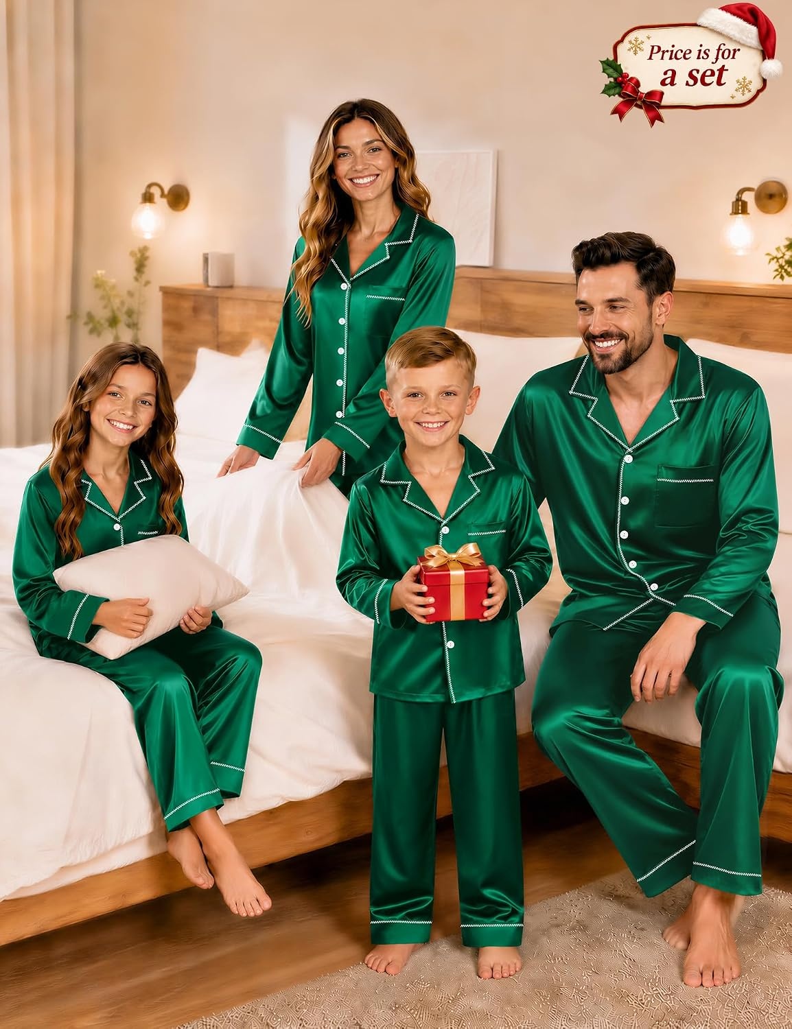 image:imageSWOMOG Christmas Matching Family Pajamas Set Silk Satin Button Down Long Sleeve WomenMenKids 2PCS Holiday SleepwearGreen Emerald
