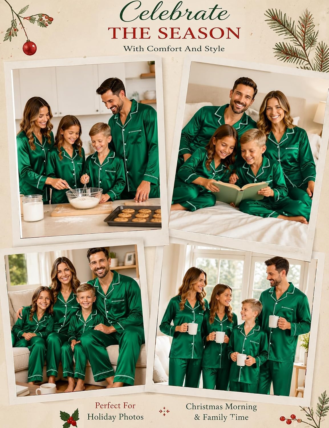 image:imageSWOMOG Christmas Matching Family Pajamas Set Silk Satin Button Down Long Sleeve WomenMenKids 2PCS Holiday SleepwearGreen Emerald