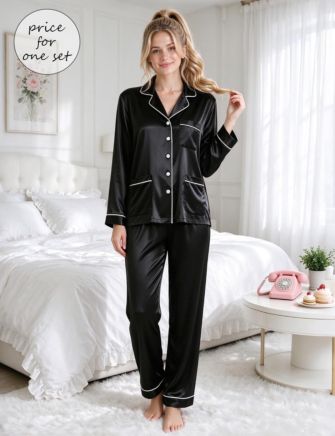 image:imageSWOMOG Couples Matching Pajamas Set WoWomen amp Women Satin Long Sleeve Sleepwear Soft Button Down Pj Set Silk Loungewear Women Black Large