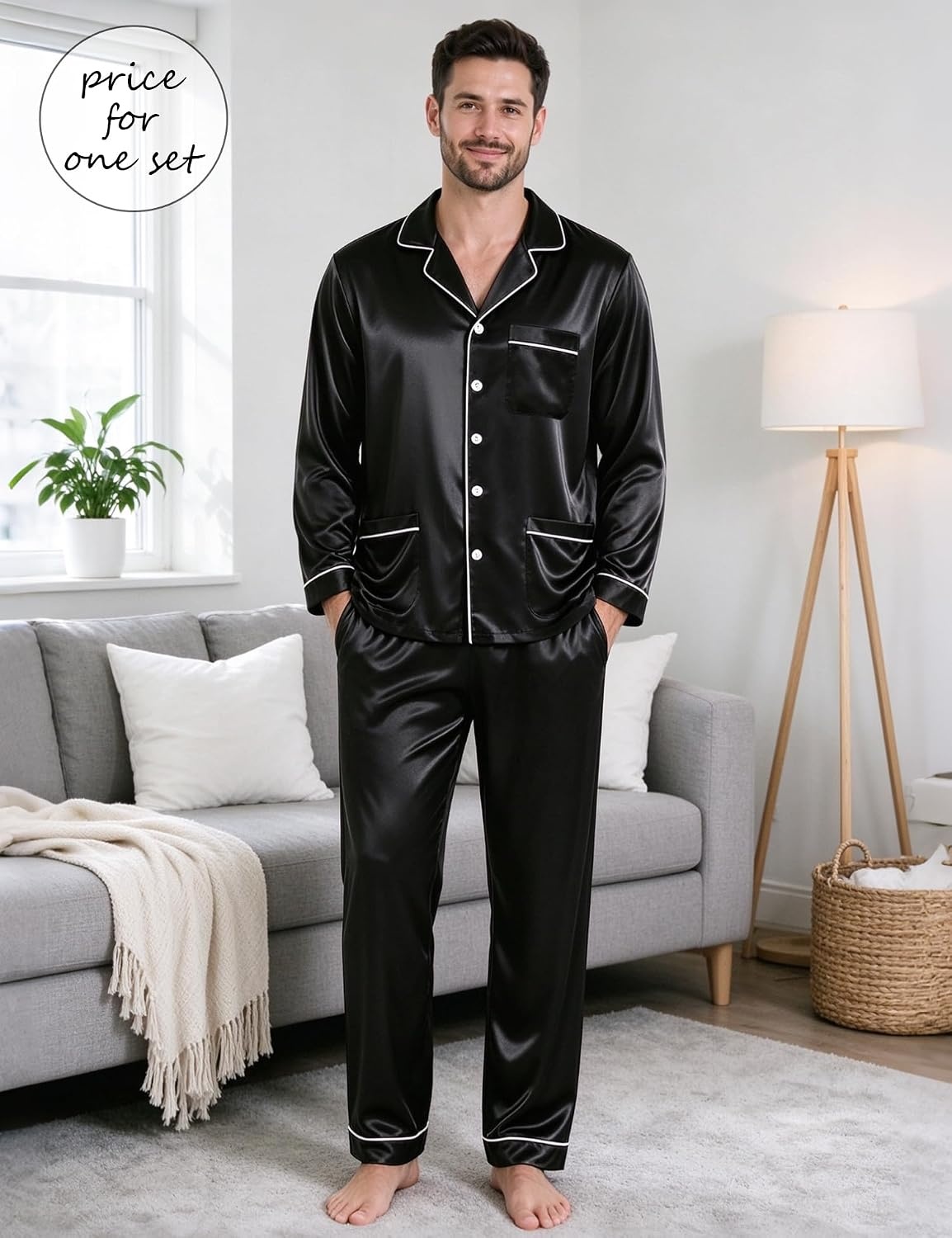 image:imageSWOMOG Couples Matching Pajamas Set WoWomen amp Women Satin Long Sleeve Sleepwear Soft Button Down Pj Set Silk Loungewear Women Black Large