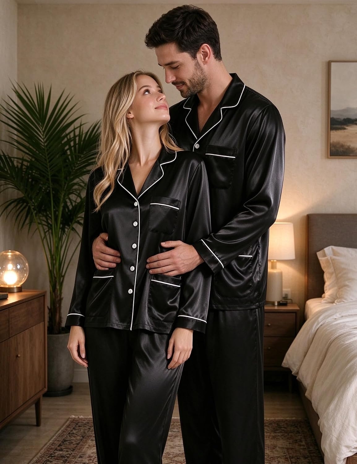 image:imageSWOMOG Couples Matching Pajamas Set WoWomen amp Women Satin Long Sleeve Sleepwear Soft Button Down Pj Set Silk Loungewear Women Black Large