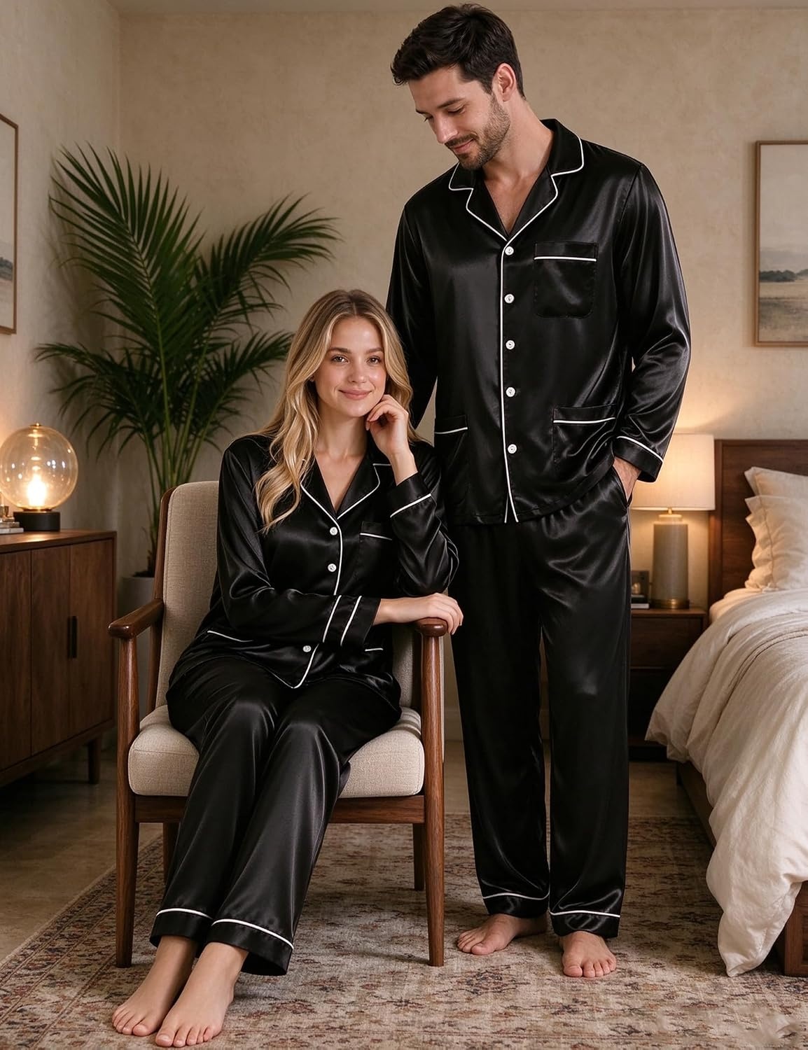 image:imageSWOMOG Couples Matching Pajamas Set WoWomen amp Women Satin Long Sleeve Sleepwear Soft Button Down Pj Set Silk Loungewear Women Black Large
