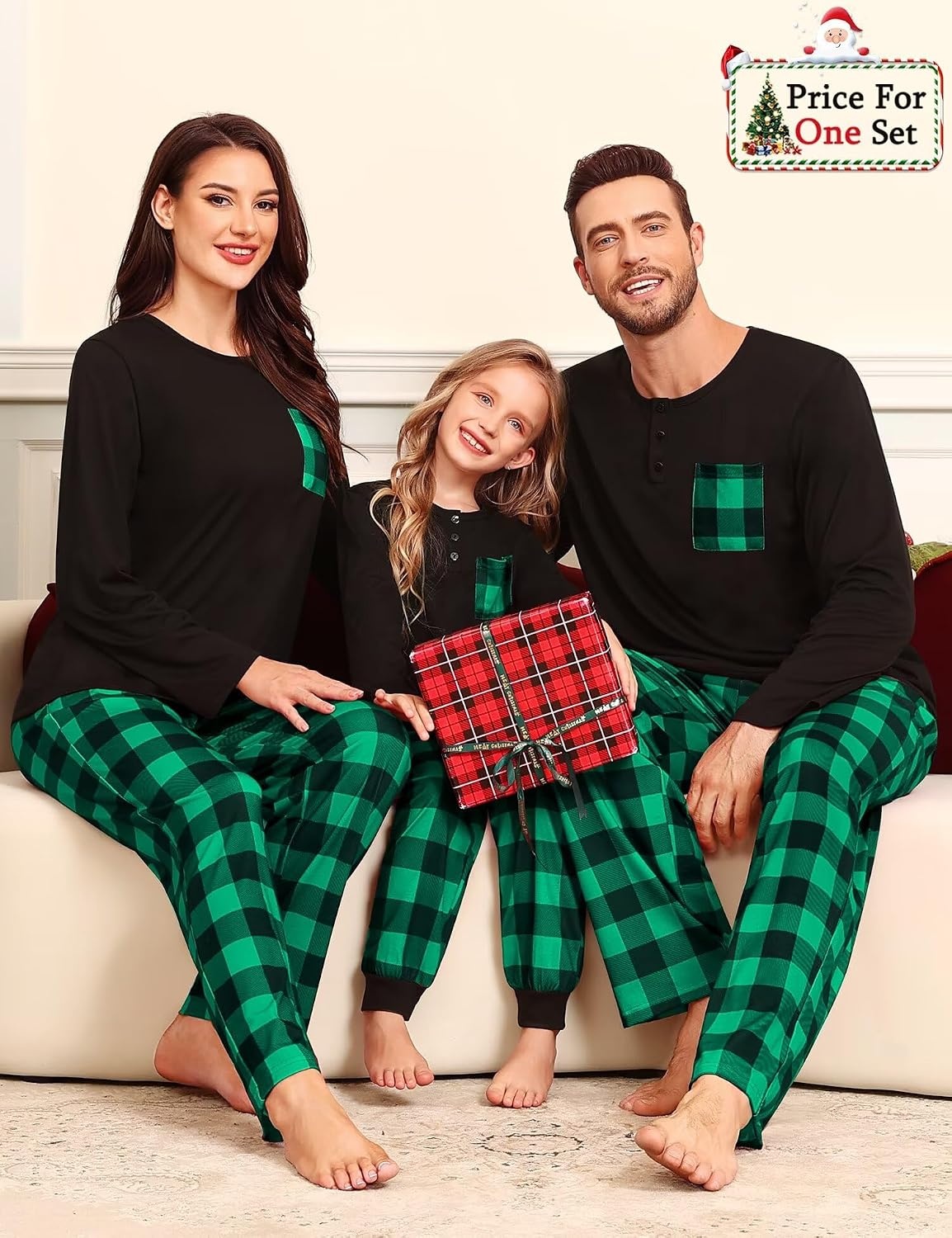 image:imageSWOMOG Family Christmas Matching Pajamas Set WomenMenKids Modal Pajama 2 PCS Long Sleeve Sleepwear Sets with PocketsGreen Black Plaid