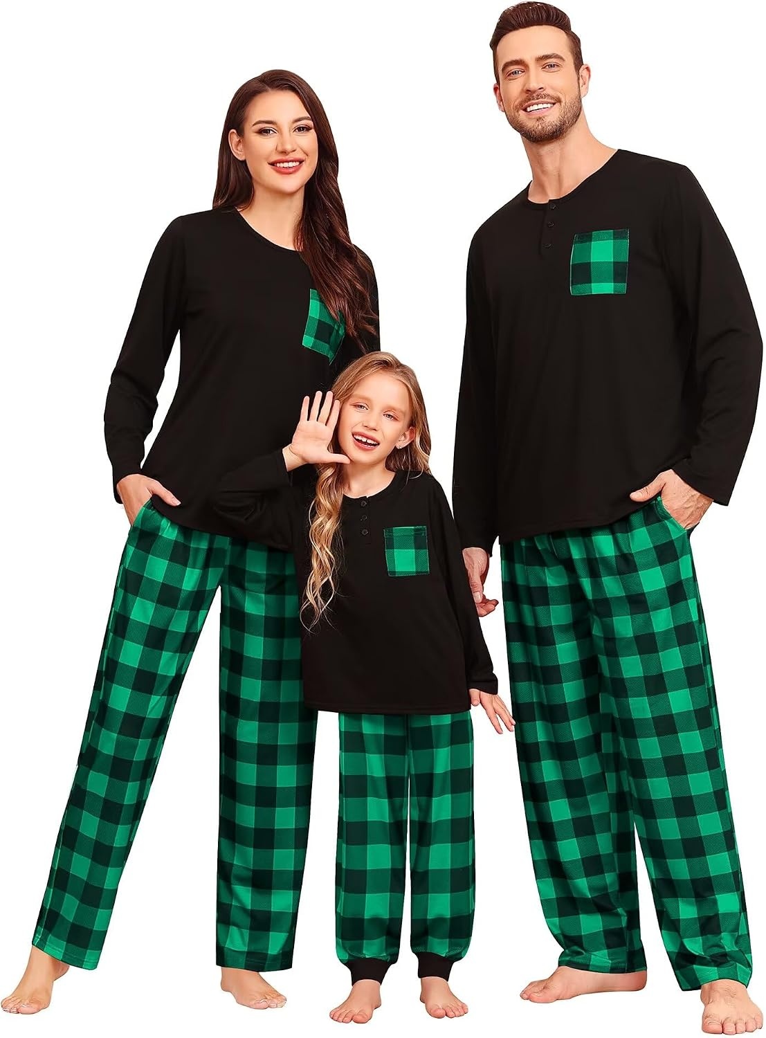image:imageSWOMOG Family Christmas Matching Pajamas Set WomenMenKids Modal Pajama 2 PCS Long Sleeve Sleepwear Sets with PocketsGreen Black Plaid
