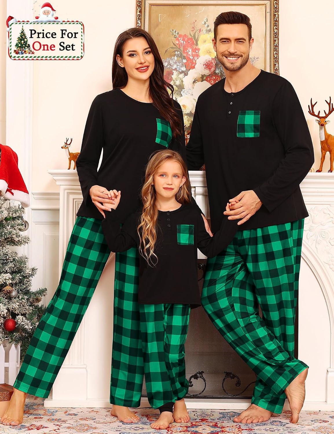 image:imageSWOMOG Family Christmas Matching Pajamas Set WomenMenKids Modal Pajama 2 PCS Long Sleeve Sleepwear Sets with PocketsGreen Black Plaid