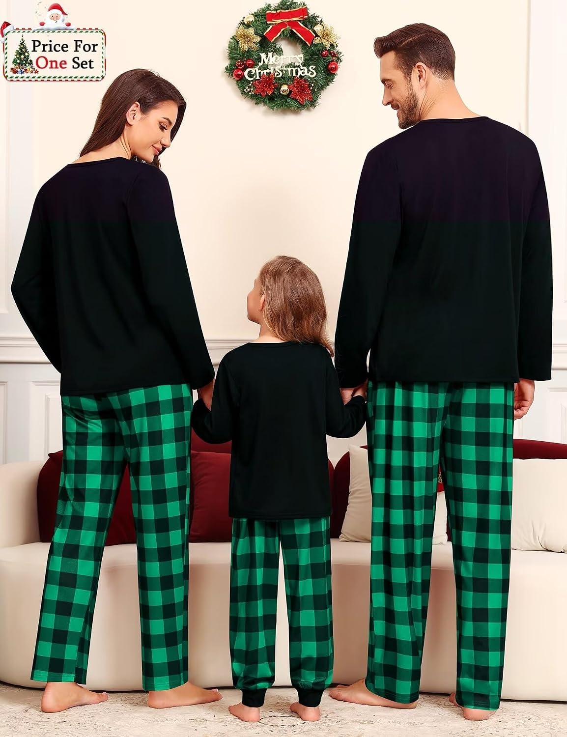 image:imageSWOMOG Family Christmas Matching Pajamas Set WomenMenKids Modal Pajama 2 PCS Long Sleeve Sleepwear Sets with PocketsGreen Black Plaid