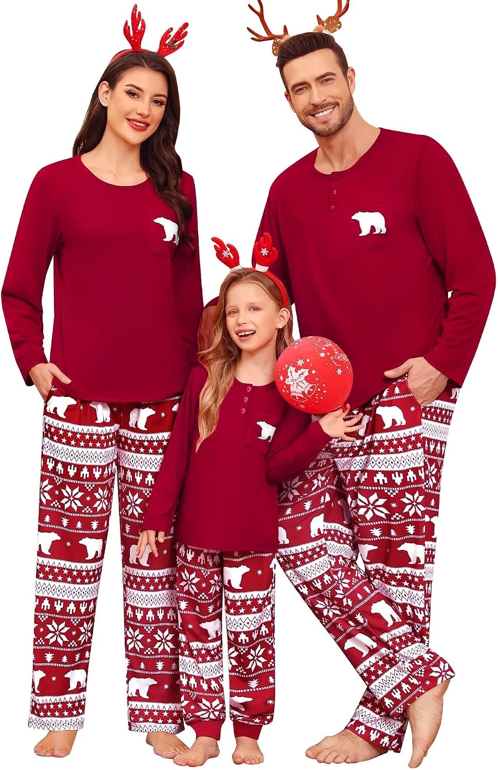 image:imageSWOMOG Family Christmas Matching Pajamas Set WomenMenKids Modal Pajama 2 PCS Long Sleeve Sleepwear Sets with PocketsRed Bear