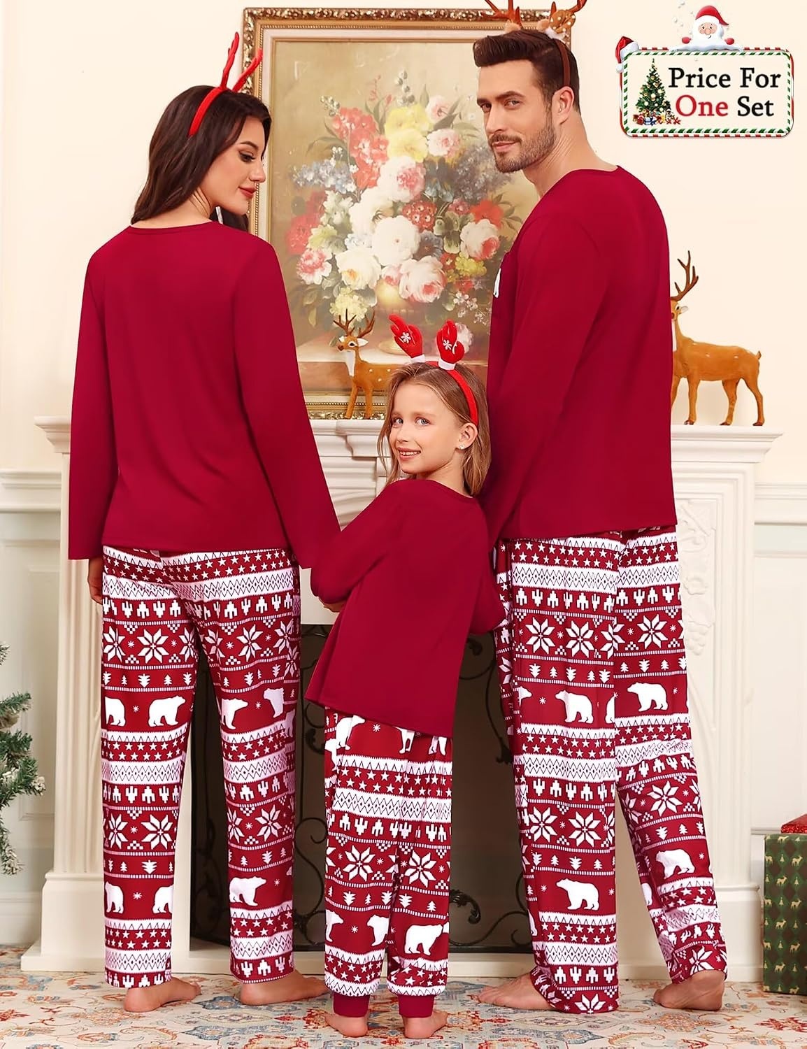 image:imageSWOMOG Family Christmas Matching Pajamas Set WomenMenKids Modal Pajama 2 PCS Long Sleeve Sleepwear Sets with PocketsRed Bear