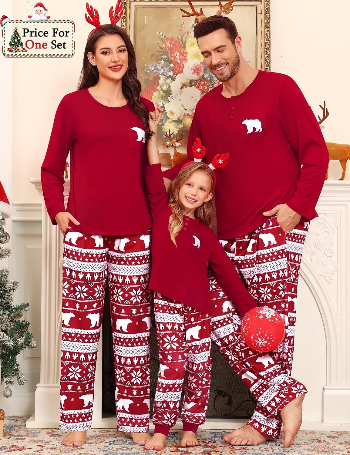 image:imageSWOMOG Family Christmas Matching Pajamas Set WomenMenKids Modal Pajama 2 PCS Long Sleeve Sleepwear Sets with PocketsRed Bear