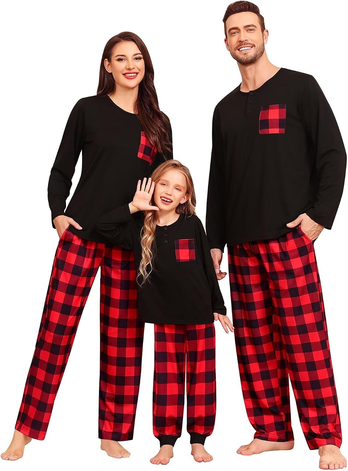 image:imageSWOMOG Family Christmas Matching Pajamas Set WomenMenKids Modal Pajama 2 PCS Long Sleeve Sleepwear Sets with PocketsRed Black Plaid