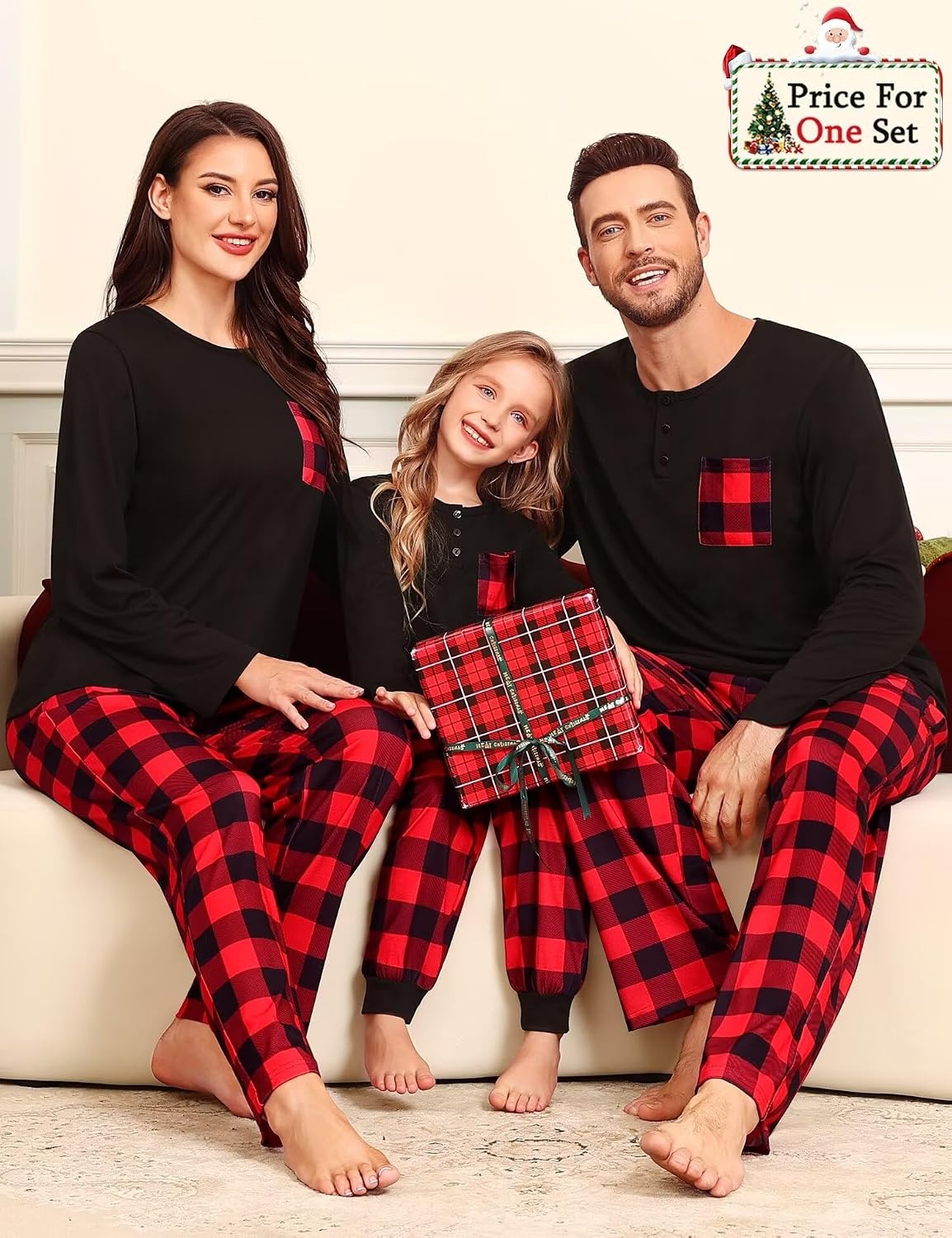 image:imageSWOMOG Family Christmas Matching Pajamas Set WomenMenKids Modal Pajama 2 PCS Long Sleeve Sleepwear Sets with PocketsRed Black Plaid