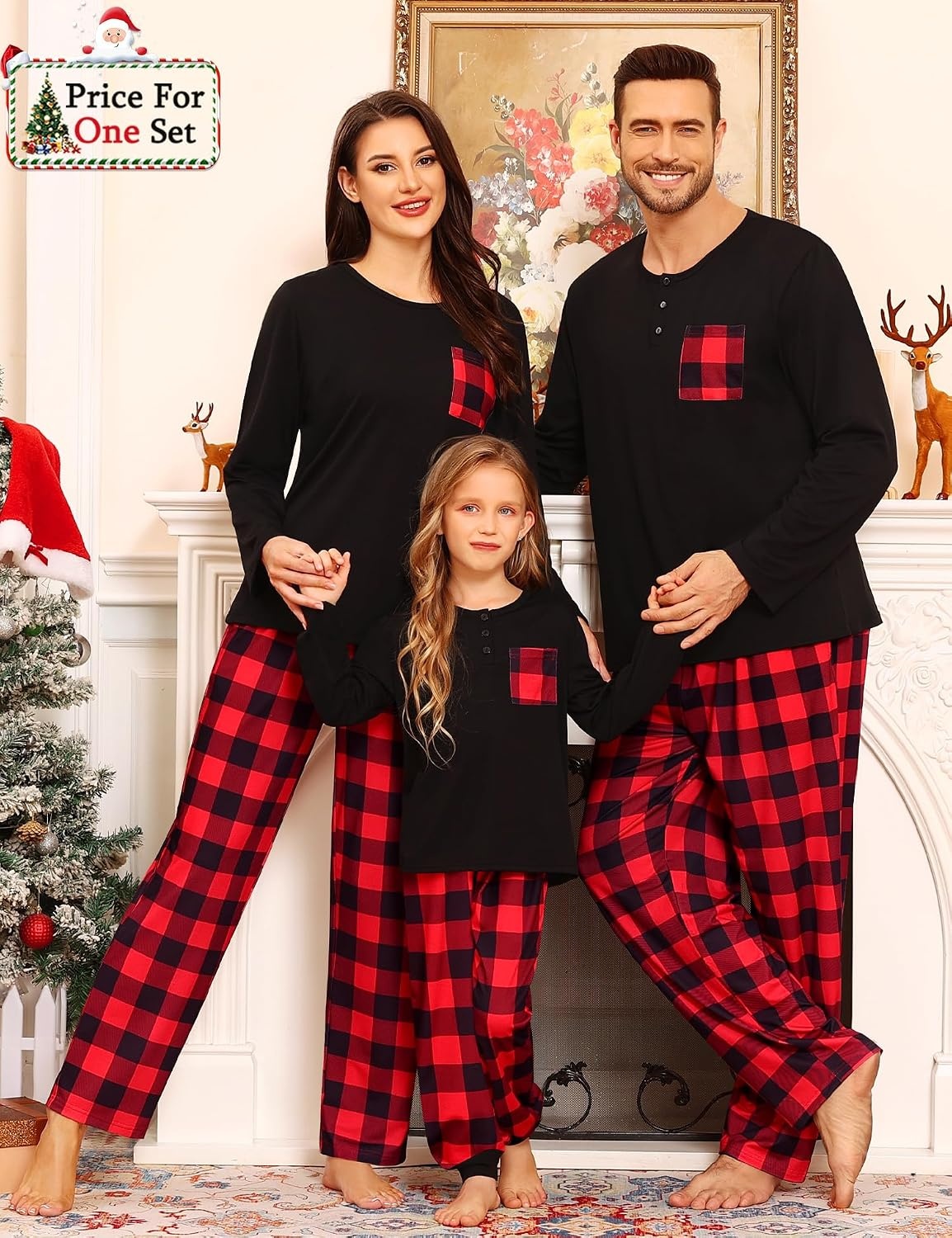 image:imageSWOMOG Family Christmas Matching Pajamas Set WomenMenKids Modal Pajama 2 PCS Long Sleeve Sleepwear Sets with PocketsRed Black Plaid