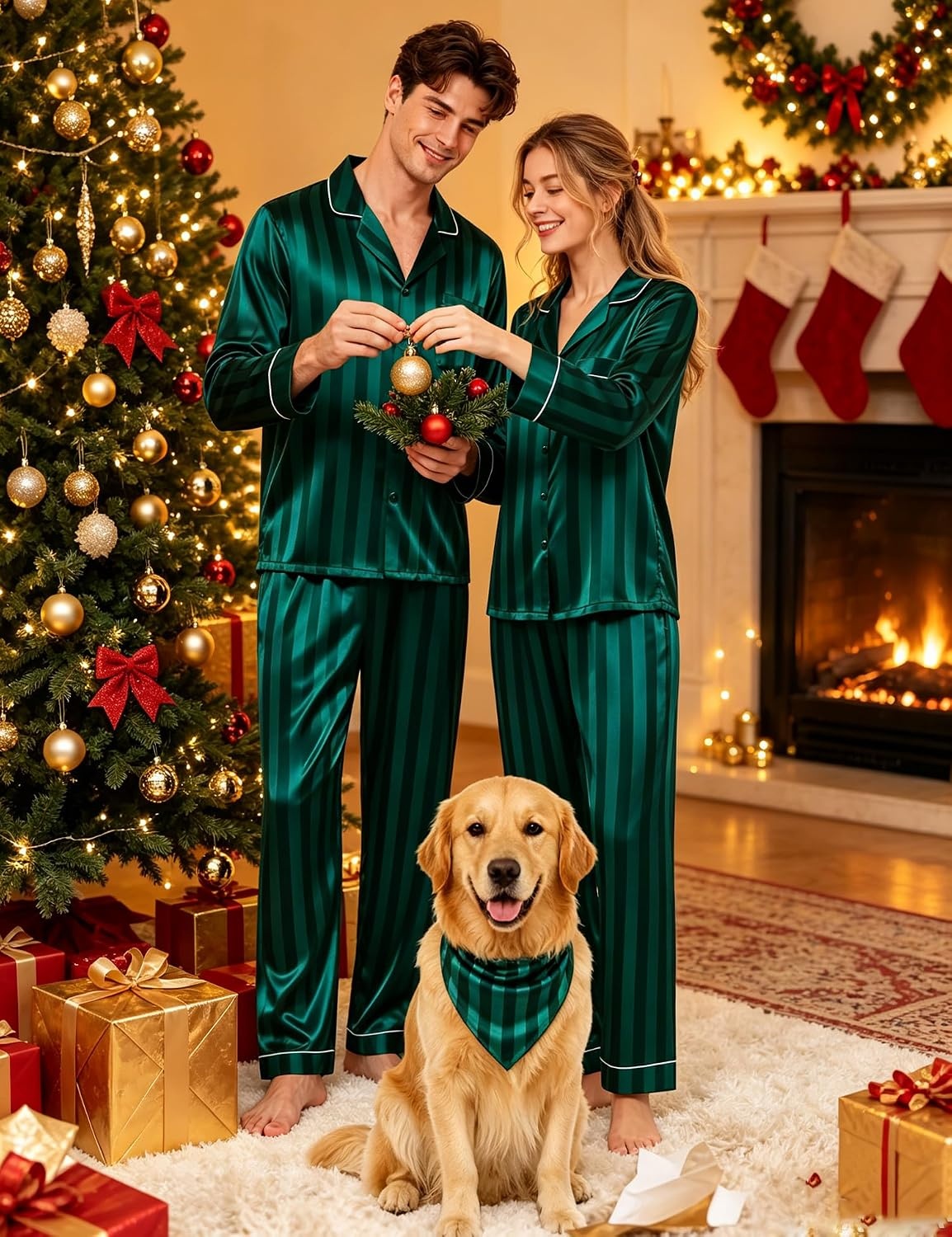 image:imageSWOMOG Family Matching Button Down Pajamas Pjs Silk Satin Long Sleeve Shirt Long Pants Set Sleepwear 2 Pcs Outfits LoungewearGreen Stripes