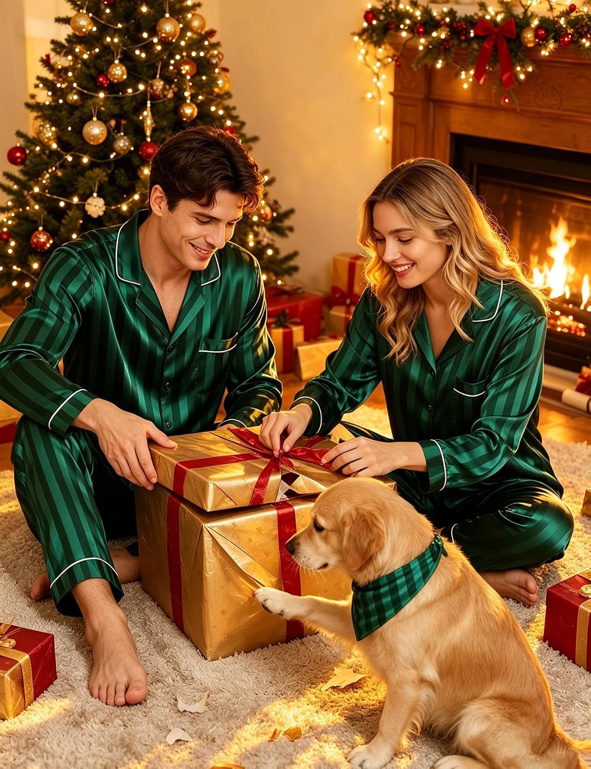 image:imageSWOMOG Family Matching Button Down Pajamas Pjs Silk Satin Long Sleeve Shirt Long Pants Set Sleepwear 2 Pcs Outfits LoungewearGreen Stripes