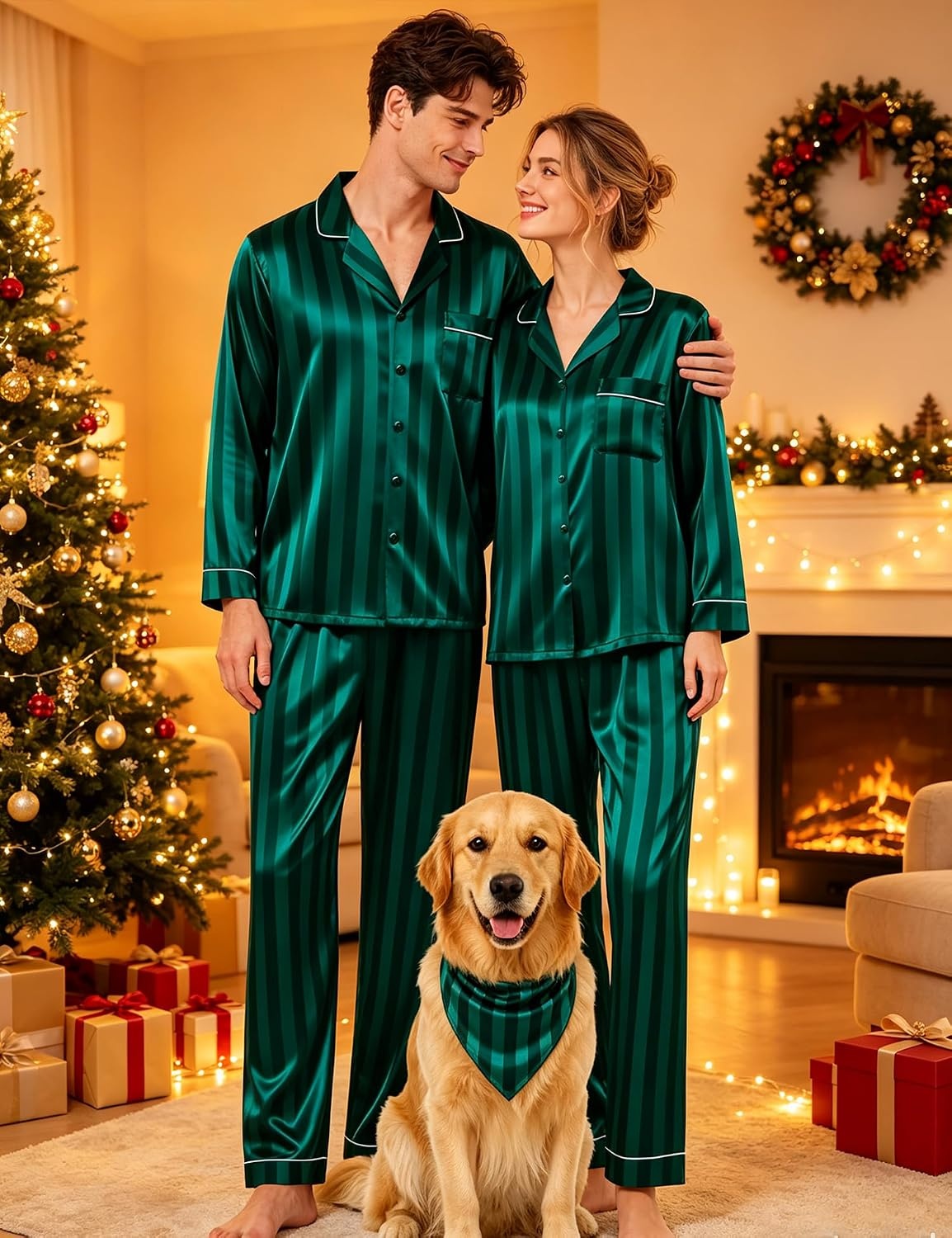 image:imageSWOMOG Family Matching Button Down Pajamas Pjs Silk Satin Long Sleeve Shirt Long Pants Set Sleepwear 2 Pcs Outfits LoungewearGreen Stripes